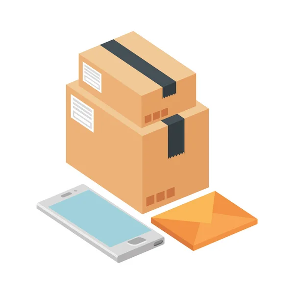 Smartphone enhet med kuvert och lådor paket — Stock vektor