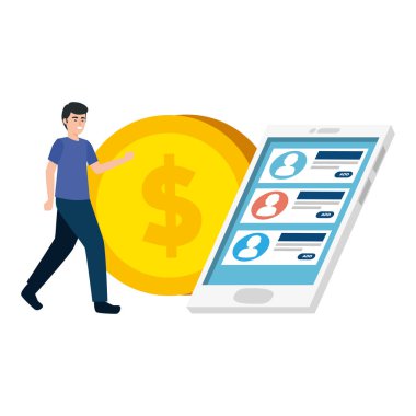 Genç adam ve paralı akıllı telefon.