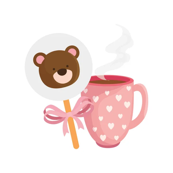 Visage d'ours en peluche mignon en bâton avec tasse de café — Image vectorielle