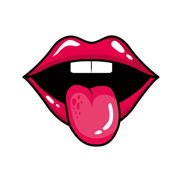 Bocca sexy con la lingua fuori icona stile pop art — Vettoriale Stock