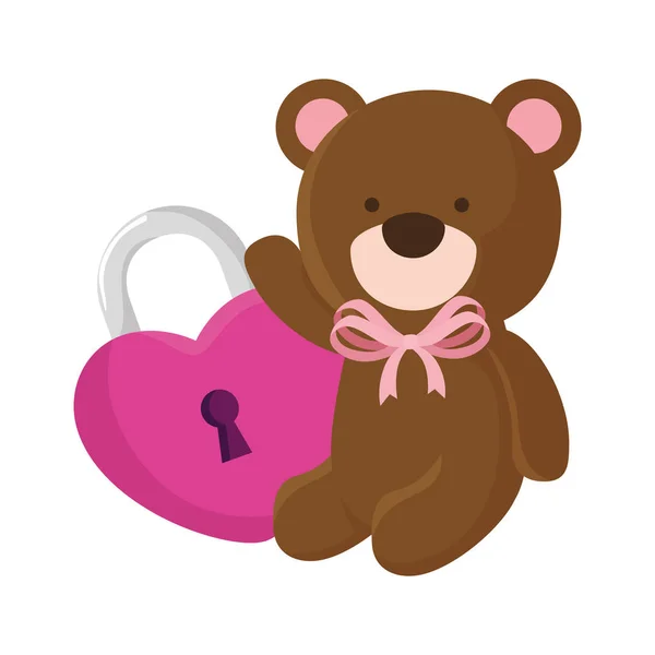Urso de pelúcia bonito com ícone isolado cadeado —  Vetores de Stock