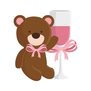 Tatlı oyuncak ayı ve şampanya izole edilmiş bir ikon.