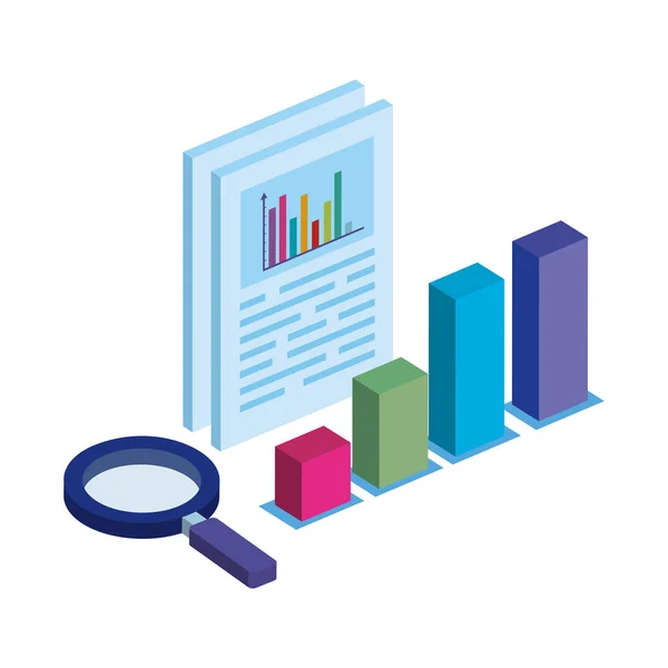 Documento con barre statistiche e lente d'ingrandimento icona isolata — Vettoriale Stock