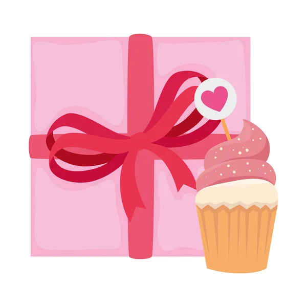 Heerlijke cupcake met geschenkdoos geïsoleerd icoon — Stockvector