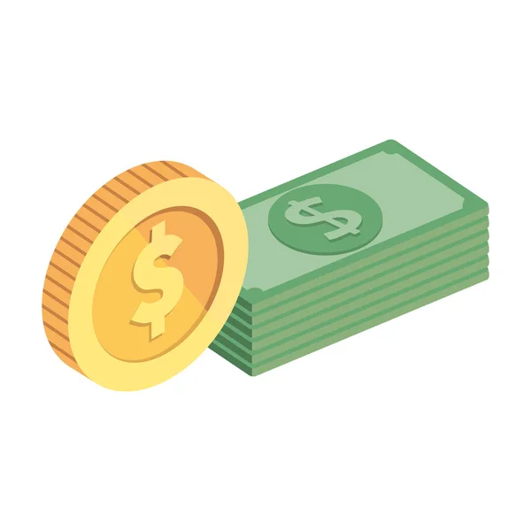 Stack bills with coin isolated icon — 스톡 벡터