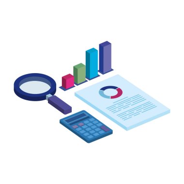 Büyüteç ve simgelerle istatistiksel çubuklar