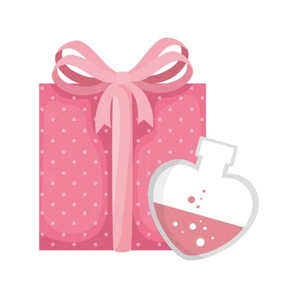 Fragancia con botella de corazón y caja de regalo icono aislado — Vector de stock