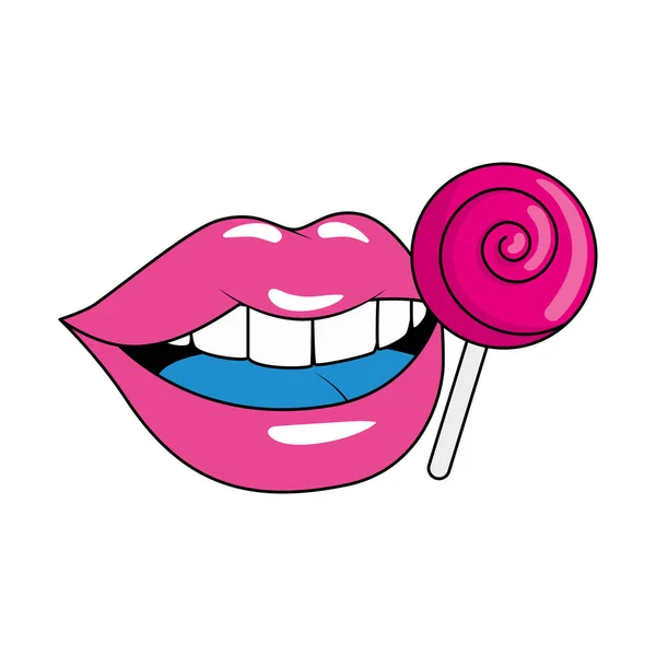 性感嘴唇与棒棒糖隔离图标 — 图库矢量图片