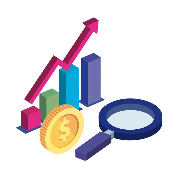 Tyče statistické s lupou a mincí — Stockový vektor