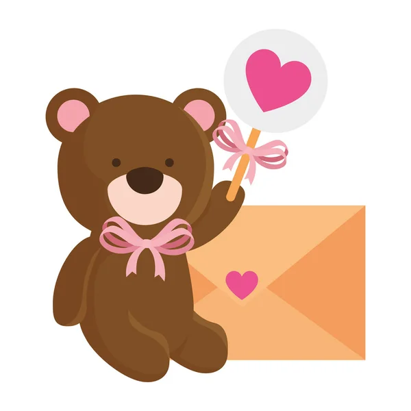 Schattige teddybeer met envelop en lolly — Stockvector