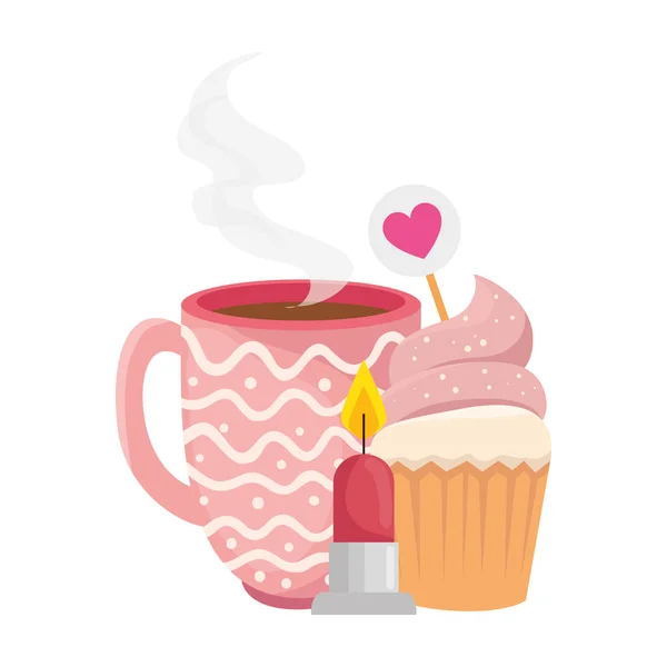 Kopje koffie met cupcake en kaars — Stockvector