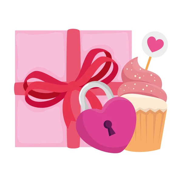 Cupcake με κουτί δώρου και λουκέτο — Διανυσματικό Αρχείο