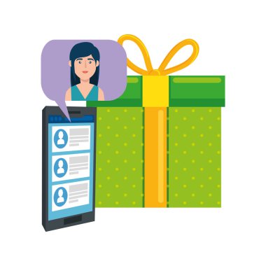 Akıllı telefonu ve hediye kutusu olan konuşma balonunda bir kadın.