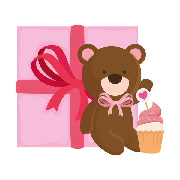 Cute teddy bear with gift box and cupcake — Stock Vector