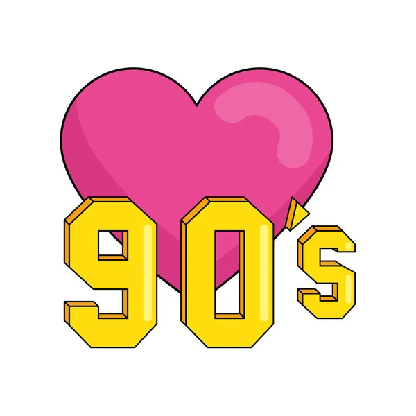 Nineties sign with heart retro style isolated icon — Stock Vector