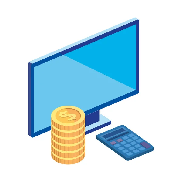Desktop de computador com moedas de pilha e matemática calculadora — Vetor de Stock