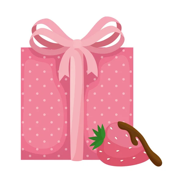 Aardbeien met chocolade en geschenkdoos — Stockvector