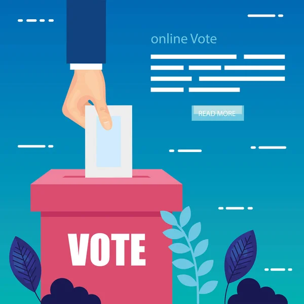 Cartaz de voto online com mão e urna — Vetor de Stock