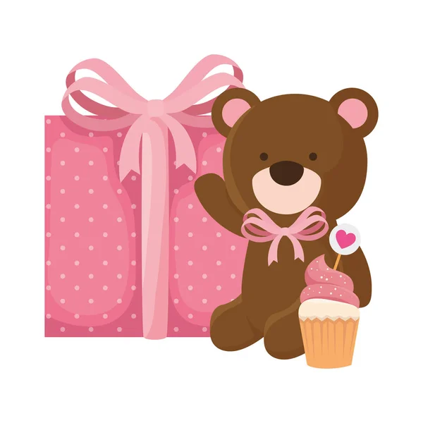 Cute teddy bear with gift box and cupcake — Stock Vector