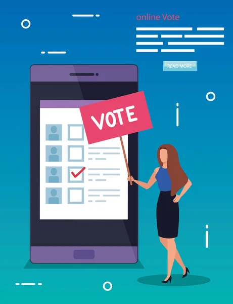Плакат онлайн голосування зі смартфоном і жінкою — стоковий вектор