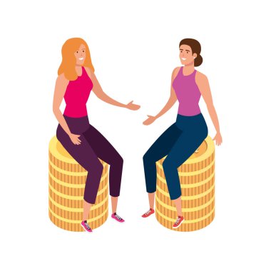 Güzel kadınlar izole edilmiş madeni paraların üzerinde oturuyorlar.