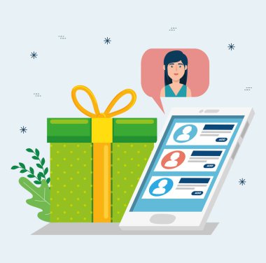 Akıllı telefonu ve hediye kutusu olan konuşma balonunda bir kadın.