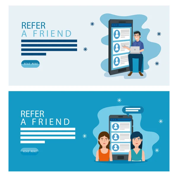 Set poster de referir a un amigo con iconos — Vector de stock