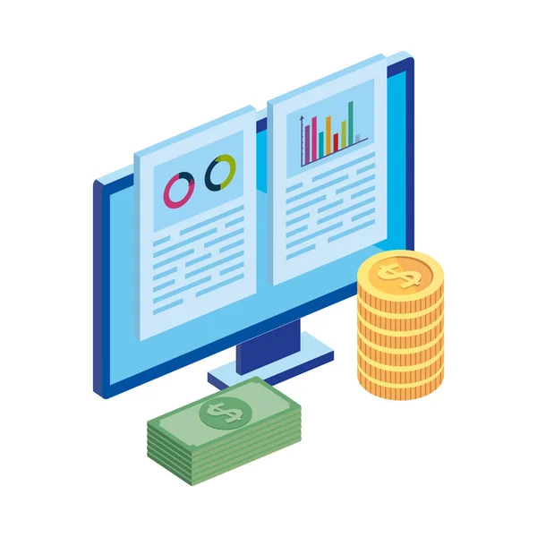 Computador com infográfico e empilhar dinheiro —  Vetores de Stock