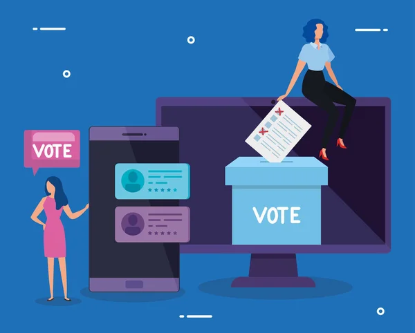 Деловые женщины с компьютером и смартфоном для голосования онлайн — стоковый вектор