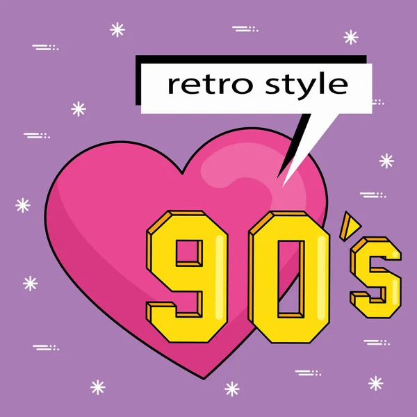 Heart with nineties lettering and speech bubble — 스톡 벡터