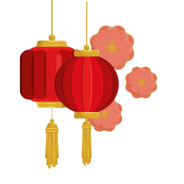 Lanterns chinese hanging with flowers isolated icon — Stock Vector