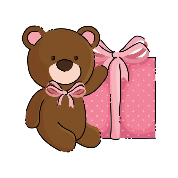 Schattige teddybeer met geschenkdoos geïsoleerd pictogram — Stockvector