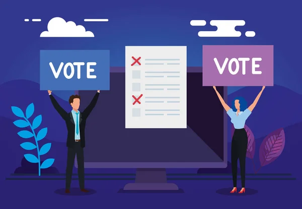 Pareja de negocios con ordenador para votar en línea — Archivo Imágenes Vectoriales