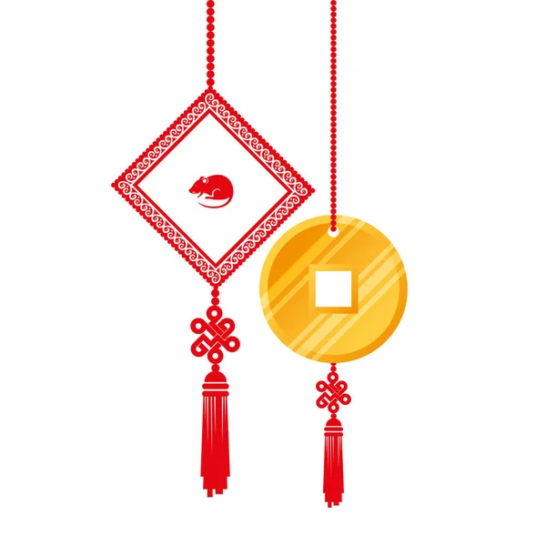 Goldene Münze Feng Shui mit Dekoration hängen isoliert Symbol — Stockvektor