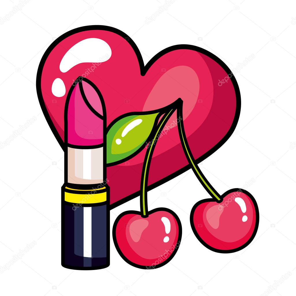 lipstick with cherries and heart pop art style icon