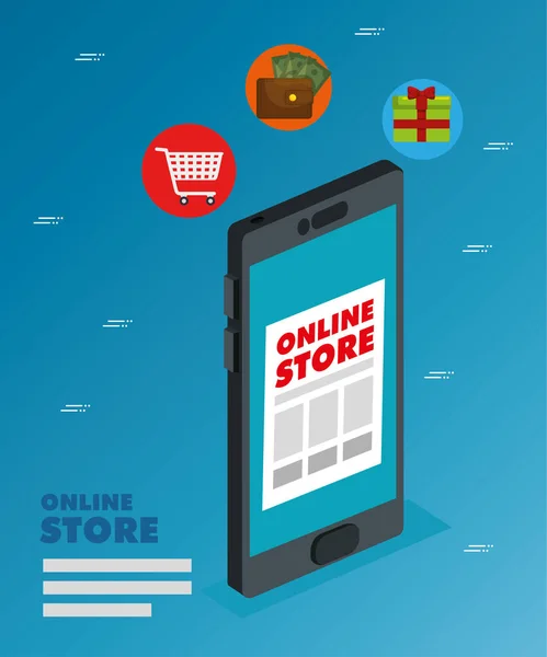 Online-Shop mit Smartphone und Symbolen — Stockvektor