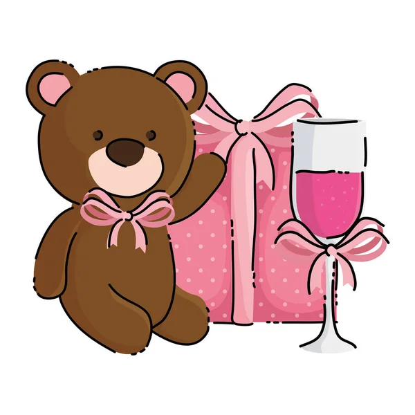 Ours en peluche mignon avec boîte cadeau et coupe champagne — Image vectorielle