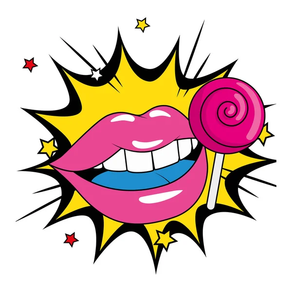 Lollipop round retro with lips in explosion pop art — Stock Vector