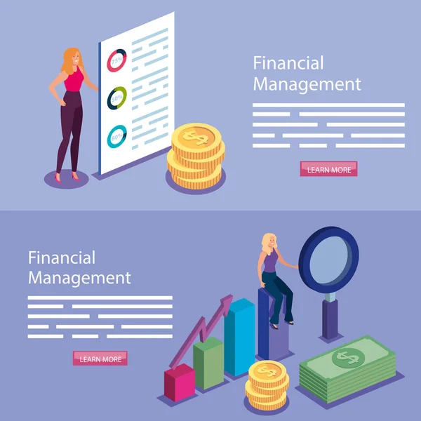 Conjunto de póster de gestión financiera con personas e iconos — Vector de stock