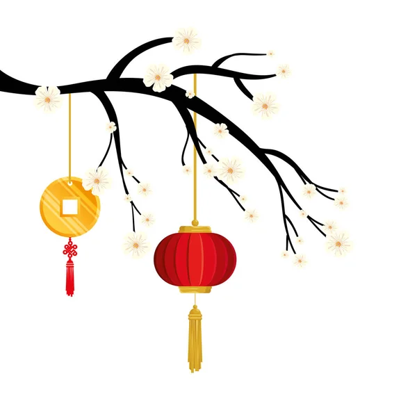 Träd gren med lykta och dekoration kinesiska hängande — Stock vektor