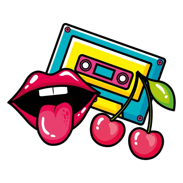 Cassette muziek met kersen en sexy mond pop art stijl icoon — Stockvector