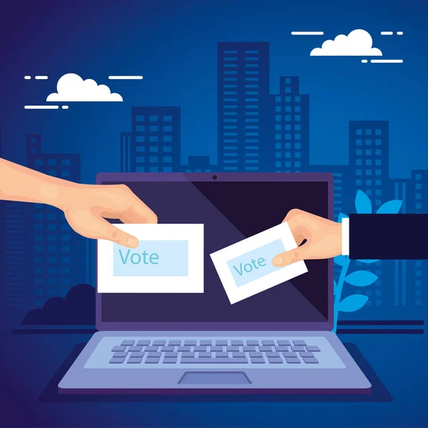 Kéz laptop számítógép szavazásra online — Stock Vector