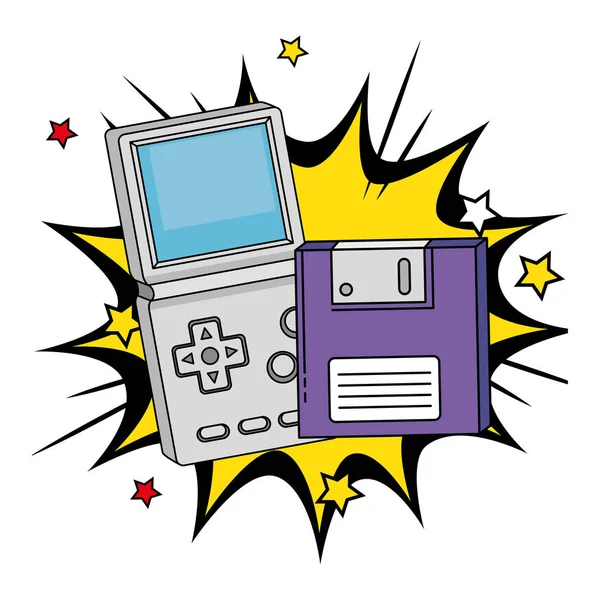 Floppy met video game handvat van de jaren negentig in explosie pop art — Stockvector