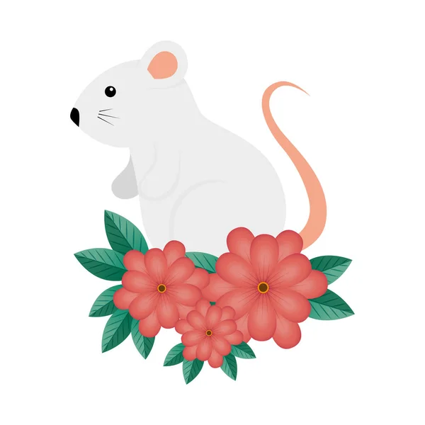 Rat rongeur mignon avec des fleurs icône isolée — Image vectorielle