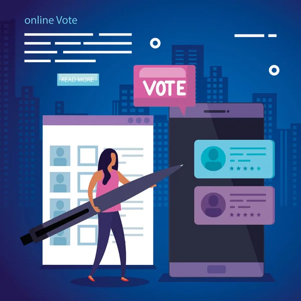 Плакат голосування онлайн з діловою жінкою та смартфоном — стоковий вектор