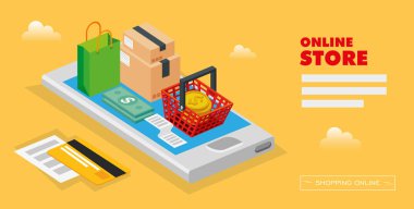 Akıllı telefon ve simgeleri olan çevrimiçi mağaza