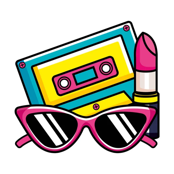 Cassette muziek met zonnebril en lippenstift pop art style icoon — Stockvector