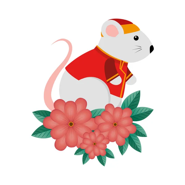 Ratto roditore carino con vestiti cinesi e fiori — Vettoriale Stock