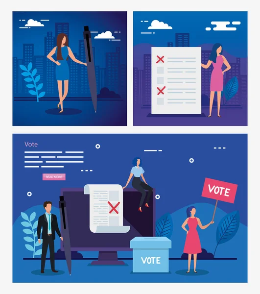 Set poster vote with business people and icons — Stock Vector