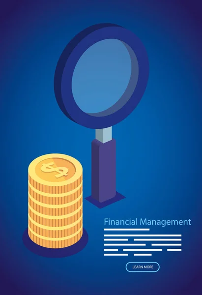 Financial management with magnifying glass and pile coins — 스톡 벡터